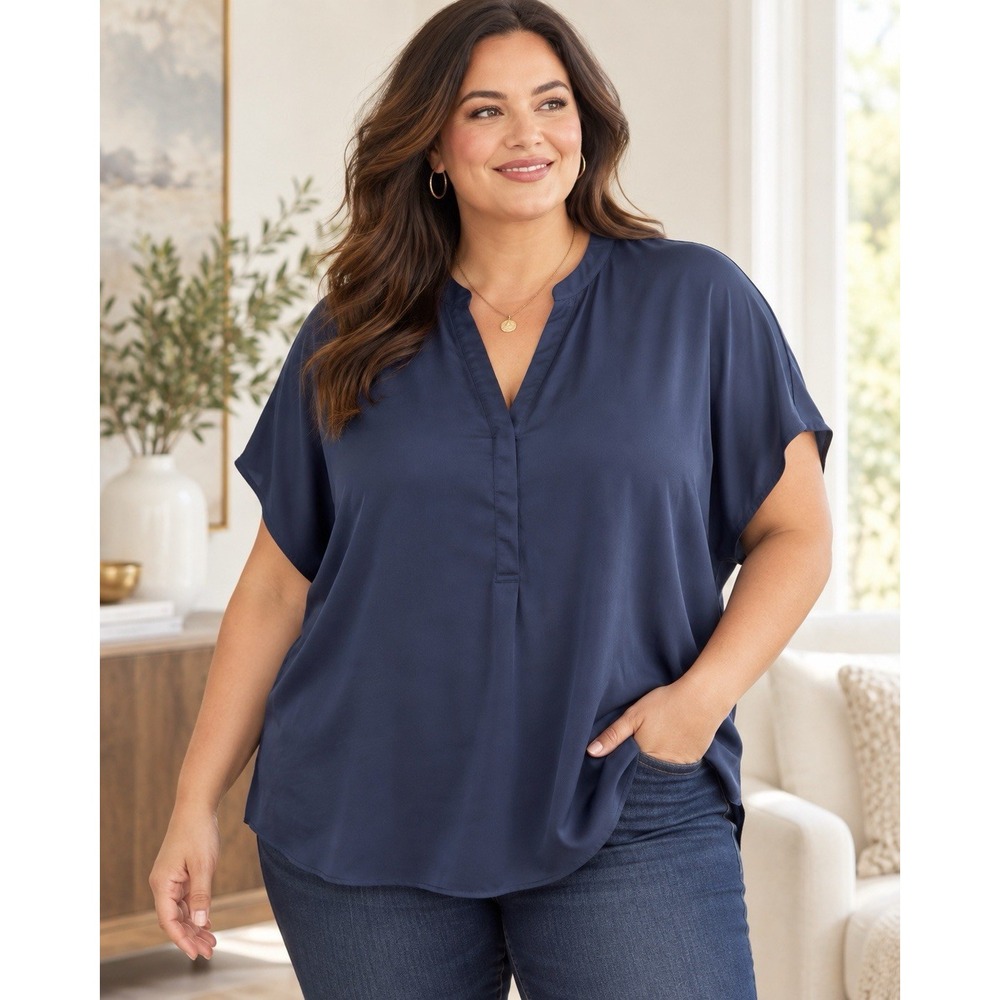 Lane Bryant Blouse 18/20 Navy Blue Split Neck Dolman Sleeve Relaxed Plus Size
